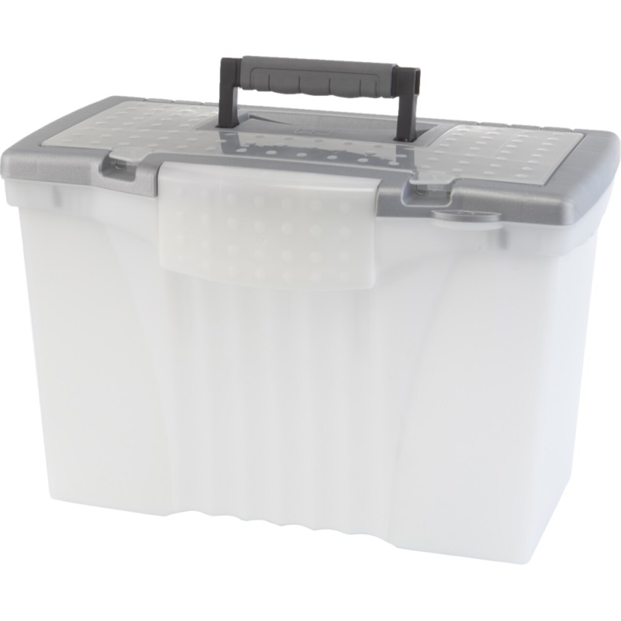 Storex Portable File Box with Organizer Lid, Legal/Letter, Clear/Silver